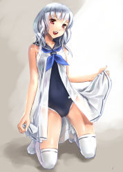 Rule 34 | 1girl, :d, competition school swimsuit, dress, full body, katahira masashi, kneeling, long hair, no shoes, one-piece swimsuit, open mouth, original, red eyes, sailor dress, school swimsuit, school uniform, smile, solo, swimsuit, swimsuit under clothes, thighhighs, white hair, white thighhighs