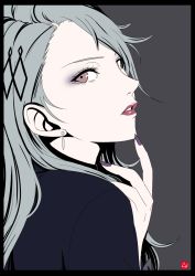Rule 34 | 10s, 1girl, chris re5, earrings, formal, grey hair, highres, jewelry, lips, lipstick, long hair, looking at viewer, makeup, nail polish, niijima sae, persona, persona 5, red eyes, simple background, solo, suit