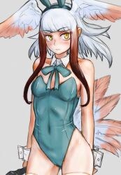 Rule 34 | 1girl, animal ears, bare arms, bare shoulders, bird girl, bird tail, bird wings, black hair, blue bow, blue bowtie, blue leotard, blush, bow, bowtie, cowboy shot, detached collar, fake animal ears, head wings, highres, japanese crested ibis (kemono friends), kemono friends, leotard, long hair, multicolored hair, playboy bunny, rabbit ears, red hair, sidelocks, sleeve cuffs, solo, strapless, strapless leotard, tail, thighhighs, white hair, white thighhighs, wings, witchmakers36, wrist cuffs, yellow eyes