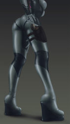 Rule 34 | 1girl, ass, blue bodysuit, bodysuit, breasts, directed-energy weapon, energy gun, energy weapon, from side, grey background, gun, hand on own ass, hand on own thigh, handgun, head out of frame, highres, holster, holstered, imp (impractical), impossible bodysuit, impossible clothes, impracticalart, large breasts, legs, legs apart, lower body, metroid, metroid: other m, nintendo, paralyzer, pistol, platform footwear, samus aran, shadow, skin tight, solo, standing, thigh holster, thighs, weapon, wedge heels, zero suit
