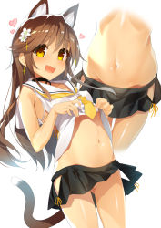 Rule 34 | 1girl, :d, animal ears, black choker, black skirt, blush, breasts, brown eyes, brown hair, cat ears, cat tail, choker, clothes lift, commentary request, convenient censoring, cowboy shot, fang, flower, gluteal fold, hair flower, hair ornament, heart, highres, hip vent, lifted by self, long hair, looking at viewer, miniskirt, multiple views, navel, no panties, open mouth, original, pussy, pussy peek, sailor collar, shiny skin, shirt, shirt lift, simple background, skirt, sleeveless, sleeveless shirt, small breasts, smile, standing, stomach, tail, white background, white flower, white sailor collar, white shirt, yanagi yuu, yellow neckwear
