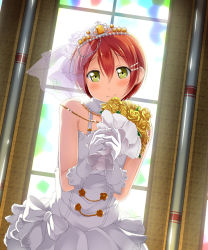 10s 1girl bouquet dress female_focus flower gloves hoshizora_rin love_live! love_live!_school_idol_festival love_live!_school_idol_project multiple_girls orange_hair sch short_hair smile solo tiara wedding_dress yellow_eyes