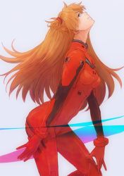 Rule 34 | 1girl, bad id, bad pixiv id, blue eyes, from side, grey background, hand on own thigh, head tilt, legs apart, long hair, neon genesis evangelion, orange hair, parted bangs, plugsuit, profile, sawa2, simple background, smile, solo, souryuu asuka langley, standing, two side up