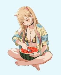 Rule 34 | 1girl, animal ears, aqua background, barefoot, bead bracelet, beads, bikini, bikini under clothes, black bikini, black choker, blonde hair, bracelet, breasts, cat ears, choker, cleavage, closed eyes, closed mouth, commentary request, ear piercing, floral print, food, fruit, full body, highres, holding, holding food, holding fruit, jewelry, kitagawa marin, large breasts, long hair, necklace, off shoulder, open clothes, open shirt, piercing, ring, shiren (ourboy83), shirt, simple background, sitting, solo, sono bisque doll wa koi wo suru, spoon, swimsuit, watermelon