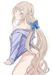 Rule 34 | 1girl, absurdres, alternate costume, ass, blonde hair, blue bow, blue eyes, blue shirt, blush, bottomless, bow, braid, cowboy shot, french braid, from behind, hair ornament, highres, hood, hooded jacket, jacket, kantai collection, ken (shutenndouji1), long hair, long sleeves, low twintails, maryland (kancolle), purple jacket, shirt, simple background, solo, twintails, very long hair, white background