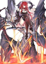 Rule 34 | 1girl, absurdres, arknights, black thighhighs, breasts, cleavage, commentary request, crossed legs, hair intakes, hand up, hhy, highres, horns, long hair, looking at viewer, medium breasts, lava, red eyes, red hair, sitting, solo, surtr (arknights), thigh strap, thighhighs, thighs, white background
