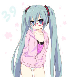 Rule 34 | 1girl, 39, aqua eyes, aqua hair, bad id, bad pixiv id, bespectacled, bottomless, emily (pure dream), female focus, glasses, hatsune miku, headphones, long hair, no pants, panties, solo, striped clothes, striped panties, twintails, underwear, very long hair, vocaloid, yamaha
