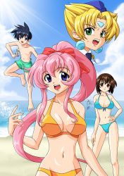 Rule 34 | 1boy, 3girls, absurdres, bare shoulders, barefoot, bikini, blonde hair, blue bikini, blue hair, blue headwear, blue neckwear, blue sky, breasts, breasts apart, brown eyes, brown hair, closed mouth, cloud, cloudy sky, collarbone, day, earrings, eyelashes, fang, fingernails, front-tie bikini top, front-tie top, gluteal fold, green eyes, green one-piece swimsuit, hair between eyes, hair intakes, hair ribbon, hand on own hip, hand up, hat, head only, head tilt, high ponytail, highres, holding, holding paper, jewelry, jumping, kagura nakahito, karinka, koutetsu tenshi kurumi, kurumi, kurumi-lover, long hair, medium breasts, multiple girls, narrow waist, ocean, one-piece swimsuit, open mouth, outdoors, paper, parted bangs, pink hair, red ribbon, ribbon, round teeth, saki (koutetsu tenshi kurumi), sand, shore, short hair, signature, sky, smile, spiked hair, sunlight, sweatdrop, swimsuit, talisman, teeth, thighs, tongue, very long hair, wing collar, yellow bikini