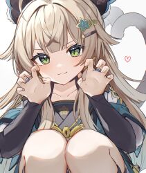 Rule 34 | 1girl, :3, ahoge, animal ears, blush, brown hair, cat ears, cat girl, claw pose, closed mouth, crossed bangs, fang, genshin impact, green eyes, hair between eyes, hair ornament, hairclip, heart, highres, japanese clothes, jewelry, kirara (genshin impact), long hair, looking at viewer, mochimiya (coyo), multiple tails, ring, sidelocks, simple background, skin fang, solo, tail, two tails, very long hair, white background