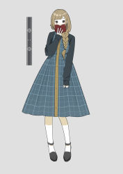 Rule 34 | 1girl, absurdres, black eyes, black footwear, blush, book, braid, brown hair, covering own mouth, dress, grey background, hanatsuki, highres, holding, holding book, long hair, open book, original, personification, plaid, plaid dress, ruler, simple background, sleeves past wrists, solo
