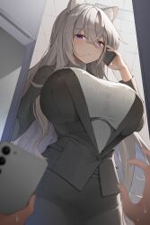 Rule 34 | 1girl, absurdres, animal ears, black jacket, black skirt, blazer, breasts, closed mouth, cowboy shot, expressionless, hand up, highres, holding, holding phone, jacket, jeon-eo konoshiro, large breasts, long hair, looking at viewer, office lady, original, pencil skirt, phone, purple eyes, ribbed sweater, skirt, solo focus, sweater, taut sweater, turtleneck, turtleneck sweater, white hair, white sweater