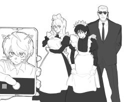 Rule 34 | 1girl, 3boys, anthony rester, apron, bespectacled, death note, embarrassed, formal, glasses, halle lidner, highres, long hair, maid, maid apron, maid headdress, monochrome, multiple boys, mvrl, near (death note), phone, selfie, stephen gevanni, suit, sunglasses, taking picture, tears