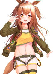 Rule 34 | 1girl, :d, absurdres, animal ears, belt, black ribbon, blush, bow, breasts, brown hair, collarbone, commentary request, cowboy shot, crop top, dog tags, ear ribbon, green belt, green jacket, groin, hair between eyes, hand up, highres, horse ears, horse girl, horse tail, jacket, long hair, long sleeves, looking at viewer, mao sirahama, mayano top gun (umamusume), midriff, navel, open clothes, open jacket, open mouth, orange hair, partial commentary, ribbon, shirt, shorts, sidelocks, simple background, small breasts, smile, solo, standing, tail, teeth, thighhighs, two side up, umamusume, upper teeth only, v over eye, white background, white shorts, yellow shirt, yellow thighhighs