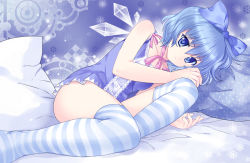 Rule 34 | 1girl, adapted costume, bad id, bad pixiv id, blue eyes, blue hair, blue theme, bow, choker, cirno, lingerie, looking at viewer, lying, matching hair/eyes, nightgown, on side, pico (picollector79), ribbon, ribbon choker, short hair, solo, striped clothes, striped thighhighs, thighhighs, touhou, underwear