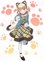 Rule 34 | 1girl, ;d, animal ears, bell, black footwear, black hairband, blonde hair, cat ears, cat tail, choker, collarbone, dress, fake animal ears, full body, hairband, heart, highres, iijima yun, leg up, makicha (sasurainopink), neck bell, new game!, one eye closed, open mouth, red eyes, shoes, short hair, smile, solo, standing, standing on one leg, tail, thighhighs, white thighhighs