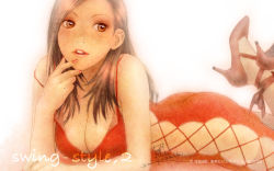 Rule 34 | 1girl, ass, breasts, brown eyes, brown hair, cleavage, dress, eye reflection, high heels, lips, lipstick, long hair, lying, makeup, nail polish, on stomach, original, red dress, reflection, shoes, solo, yui toshiki