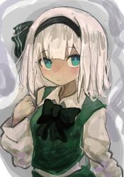 Rule 34 | 1girl, 9302w (user wjpg8475), black bow, black bowtie, black hairband, bow, bowtie, closed mouth, collared shirt, green eyes, green vest, grey background, hairband, highres, konpaku youmu, long sleeves, looking at viewer, shirt, short hair, solo, touhou, upper body, vest, white hair, white shirt