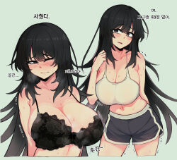 Rule 34 | 1girl, absurdres, black bra, black eyes, black hair, black shorts, blush, bra, breasts, cleavage, commentary request, cropped legs, cropped torso, dolphin shorts, green background, highres, korean text, lace-trimmed sleeves, lace trim, large breasts, long hair, looking at viewer, multiple views, one eye closed, original, paid reward available, parted lips, shorts, simple background, siribang1215, smile, tank top, translation request, underwear, very long hair, white tank top