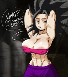 Rule 34 | 1girl, absurdres, arms up, black hair, grabbing another&#039;s breast, breasts, caulifla, clothes, covered erect nipples, dragon ball, dragon ball super, english text, female focus, grabbing, highres, large breasts, lotion, medium hair, muscular, muscular female, nipples, pseudocel, saiyan, solo, speech bubble