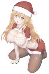 Rule 34 | 10s, 1girl, :d, alternate costume, arm support, atago (kancolle), black pantyhose, blonde hair, blue eyes, breast hold, breasts, capelet, christmas, cleavage, cleavage cutout, clothing cutout, covered erect nipples, fur trim, hat, highres, huge breasts, kantai collection, long hair, looking at viewer, meme attire, no shoes, open-chest sweater, open mouth, panties, pantyhose, pantyshot, red skirt, ribbed sweater, santa costume, santa hat, skirt, smile, solo, squatting, sweater, turtleneck, underwear, urigarasu