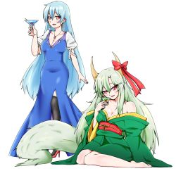 Rule 34 | 2girls, :d, alternate costume, artist request, bare shoulders, barefoot, black legwear, blue dress, blue hair, blush, bow, breasts, cleavage, collarbone, cup, dress, drinking glass, dual persona, earrings, ex-keine, green hair, green kimono, hair between eyes, hand up, head tilt, high heels, holding, holding cup, horn bow, horn ornament, horns, japanese clothes, jewelry, kamishirasawa keine, kimono, long hair, long sleeves, looking at viewer, multiple girls, no headwear, obi, off shoulder, open mouth, pendant, puffy short sleeves, puffy sleeves, red bow, red eyes, red footwear, red sash, sash, shirt, short sleeves, side slit, sidelocks, sitting, smile, sukusuku hakutaku, tail, thighhighs, touhou, transparent background, very long hair, white shirt, wide sleeves