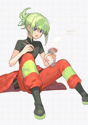 Rule 34 | 1boy, alternate hairstyle, artist name, baggy pants, black shirt, boots, chopsticks, colored shoe soles, cup ramen, eating, green hair, grid background, highres, holding, holding chopsticks, jacket, lio fotia, open mouth, pants, ponytail, promare, purple eyes, red jacket, red pants, shirt, sidelocks, sitting, solo, trap, turtleneck, unworn jacket, xiu xxx wu