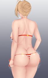 Rule 34 | 1girl, ahoge, ass, back, bare shoulders, bikini, blonde hair, braid, breasts, commentary, earrings, fate/extra, fate (series), french braid, gradient background, grey background, hair bun, hair intakes, highres, isawo (lucanus19), jewelry, large breasts, long hair, nero claudius (fate), nero claudius (fate) (all), nero claudius (fate/extra), red bikini, single hair bun, solo, striped bikini, striped clothes, swimsuit, thighs