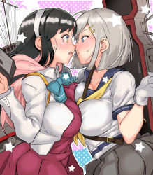 Rule 34 | 2girls, adapted turret, black hair, blazer, blue bow, blue bowtie, blue eyes, blue sailor collar, bow, bowtie, breast press, breasts, cannon, dress, eye contact, face-to-face, gloves, grey skirt, hair ornament, hair over one eye, hairclip, hamakaze (kancolle), highres, igarashi mangou, jacket, kantai collection, large breasts, long hair, looking at another, machinery, multicolored hair, multiple girls, naganami (kancolle), pink hair, pleated dress, pleated skirt, purple dress, sailor collar, school uniform, serafuku, short hair, skirt, symmetrical docking, turret, white gloves, white hair, yellow eyes, yuri