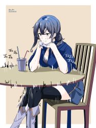 Rule 34 | 1girl, alternate costume, blue eyes, blue hair, boots, breasts, chair, cleavage, collarbone, cup, doushi tatsu to dekkai no, gloves, gotland (kancolle), highres, kantai collection, looking away, medium breasts, medium hair, mole, mole under eye, one-hour drawing challenge, sitting, sweat, sweatdrop, table, thighhighs, white gloves