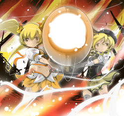 Rule 34 | 10s, 2girls, aiming, aiming at viewer, bad id, bad pixiv id, beret, blonde hair, bow, breasts, brooch, color connection, corset, crossover, cure sunshine, detached sleeves, drill hair, fingerless gloves, gloves, hair ribbon, hat, heart, heart brooch, heartcatch precure!, jewelry, large breasts, long hair, magical girl, mahou shoujo madoka magica, mahou shoujo madoka magica (anime), midriff, miniskirt, multiple girls, myoudouin itsuki, name john, orange bow, pleated skirt, precure, red skirt, ribbon, skirt, striped clothes, striped skirt, thighhighs, tiro finale, tomoe mami, twintails, wrist cuffs, yellow eyes