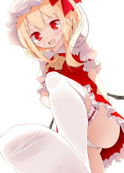 Rule 34 | &gt;:d, 1girl, :d, absurdres, ascot, blonde hair, blush, bridal garter, fang, feet, female focus, flandre scarlet, foot focus, from below, hat, hat ribbon, highres, leg up, looking at viewer, no shoes, non-web source, oouso, open mouth, panties, pantyshot, red eyes, ribbon, short hair, side ponytail, simple background, skirt, skirt set, slit pupils, smile, solo, sweat, thighhighs, touhou, underwear, upskirt, v-shaped eyebrows, white background, white panties, white thighhighs, wings