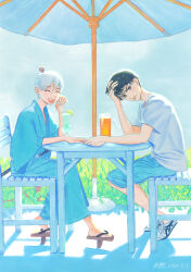 Rule 34 | 2boys, :d, beer mug, blue shorts, closed eyes, cup, dated, day, drink, drinking straw, food, frown, fruit, geta, hair ornament, hand on own head, highres, japanese clothes, kimono, lemon, lemon slice, mug, multiple boys, open mouth, original, outdoors, plant, shadow, shirt, short sleeves, shorts, sitting, smile, t-shirt, table, umbrella, white hair, white shirt, yaoi