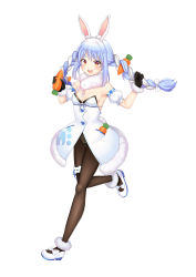 Rule 34 | 1girl, :d, absurdres, animal ear fluff, animal ears, ankle garter, armpits, atg (wttoo0202), bare shoulders, black gloves, black leotard, black pantyhose, blue hair, braid, breasts, carrot hair ornament, coat, coat dress, detached sleeves, don-chan (usada pekora), dress, food-themed hair ornament, full body, fur-trimmed coat, fur-trimmed gloves, fur scarf, fur trim, girly running, gloves, hair ornament, highres, hikimayu, holding, holding hair, hololive, leotard, long hair, looking at viewer, mary janes, multicolored hair, om, open mouth, orange eyes, pantyhose, playboy bunny, puffy short sleeves, puffy sleeves, rabbit ears, rabbit girl, rabbit tail, running, scarf, shoes, short eyebrows, short sleeves, simple background, small breasts, smile, solo, strapless, strapless coat, strapless dress, strapless leotard, swept bangs, tail, teeth, thigh strap, twin braids, two-tone hair, upper teeth only, usada pekora, usada pekora (1st costume), virtual youtuber, white background, white coat, white footwear, white hair, white scarf, white sleeves