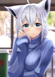 Rule 34 | 1girl, adjusting hair, ahoge, blue sweater, blurry, blurry background, blush, braid, breasts, commentary request, cup, disposable cup, earrings, green eyes, hair between eyes, highres, hololive, jewelry, long hair, looking at viewer, medium breasts, miki miki, outdoors, shirakami fubuki, sidelocks, single braid, sitting, smile, solo, sweater, turtleneck, turtleneck sweater, virtual youtuber, white hair