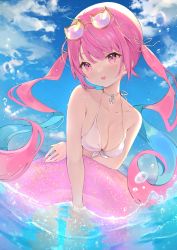 Rule 34 | 1girl, 2021, bare shoulders, blue hair, blue sky, breasts, cleavage, collarbone, colored inner hair, eyewear on head, highres, holding, holding swim ring, hololive, innertube, jewelry, lifebuoy, long hair, medium breasts, minato aqua, multicolored hair, necklace, open mouth, outdoors, partially submerged, pink eyes, pink hair, sky, smile, solo, streaked hair, sunglasses, swim ring, swimsuit, twintails, virtual youtuber, water, yuzukicture