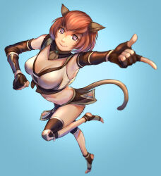 Rule 34 | 1girl, 2023, absurdres, animal ears, artist name, adventurer (ff11), breasts, brown gloves, brown tail, cactus41747280, cat ears, cat girl, cat tail, cleavage, clenched hand, closed mouth, dated, elbow gloves, eyelashes, final fantasy, final fantasy xi, fingerless gloves, fringe trim, gloves, highres, leg up, light blue background, medium breasts, mithra (ff11), red hair, short hair, smile, solo, tail, toeless footwear