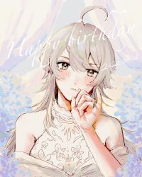 Rule 34 | 1girl, 2022, ahoge, bare shoulders, birthday, blue eyes, blush, breasts, closed mouth, dated, dress, grey hair, hair between eyes, happy birthday, highres, jewelry, kantai collection, long hair, looking at viewer, medium breasts, nidou, pinky out, portrait, ring, simple background, solo, sparkle, washington (kancolle), wedding band, white dress
