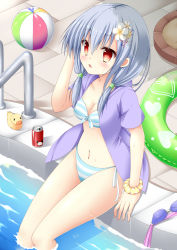 Rule 34 | 1girl, ball, beachball, blush, breasts, can, cleavage, clothes lift, dress, dress lift, drink can, goggles, highres, innertube, long hair, navel, open mouth, original, poolside, red eyes, red hair, rubber duck, silver hair, sitting, soda can, solo, swim ring, swimsuit, unworn goggles, wet, yuuki tokinomado