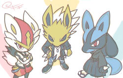 Rule 34 | 3boys, animal ears, animal hands, animal nose, arm at side, artist name, black footwear, black fur, black hakama, black kimono, black sclera, blue fur, blue pants, body fur, chibi, cinderace, closed mouth, clothed pokemon, colored sclera, creatures (company), crossed arms, dog tags, flame print, full body, furry, furry male, game freak, gen 1 pokemon, gen 4 pokemon, gen 8 pokemon, hakama, hand on own hip, jacket, japanese clothes, jewelry, jolteon, kiki (431642), kimono, long sleeves, looking at viewer, lucario, male focus, matching hair/eyes, multiple boys, necklace, nintendo, pants, personification, pokemon, pokemon (creature), punk, rabbit boy, rabbit ears, rabbit tail, red eyes, red hair, red shorts, sandals, shirt, shoes, short hair, shorts, signature, simple background, sketch, snout, socks, spiked hair, spikes, standing, tail, torn clothes, torn pants, two-tone fur, white background, white eyes, white fur, white hair, white jacket, white shirt, white socks, wolf boy, wolf ears, wolf tail, yellow fur, zouri