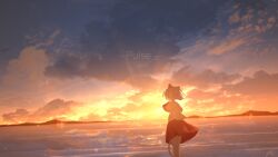 Rule 34 | 1girl, animal ears, cat ears, cat girl, cat tail, closed eyes, closed mouth, cloud, hands on own chest, highres, horizon, original, outdoors, red skirt, rune xiao, scenery, shirt, short hair, skirt, sky, solo, standing, sunset, tail, white hair, white shirt