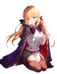 Rule 34 | 1girl, absurdres, ahoge, artoria caster (fate), artoria caster (second ascension) (fate), artoria pendragon (fate), bad id, bad pixiv id, belt, black gloves, black pantyhose, black ribbon, blonde hair, blue belt, blue cape, blush, breasts, buttons, cape, commentary request, double-breasted, fate/grand order, fate (series), gloves, green eyes, hair ribbon, hands up, harusame (user wawj5773), highres, jacket, long hair, long sleeves, looking at viewer, medium breasts, no shoes, o-ring, o-ring belt, pantyhose, puffy long sleeves, puffy sleeves, red cape, red skirt, ribbon, seiza, simple background, sitting, skirt, smile, solo, striped belt, white background, white jacket, white skirt