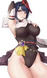 Rule 34 | 1girl, absurdres, armpits, black hair, black leotard, bottle, breasts, card, clothes lift, covered navel, detached sleeves, genshin impact, groin, highres, kujou sara, large breasts, leotard, lifting own clothes, lying, mask, mask on head, mouth hold, obi, on back, parted lips, playing card, sash, shikube, shirt lift, short hair, simple background, solo, tassel, teeth hold, tengu mask, thighs, vision (genshin impact), white background, yellow eyes