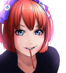 Rule 34 | 1girl, aconitea, aqua eyes, bad id, bad pixiv id, bow, hair bow, mouth hold, portrait, red hair, short hair, simple background, smile, solo, white background