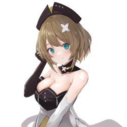 Rule 34 | 1girl, aogiri koukou, aqua eyes, asymmetrical gloves, bare shoulders, black gloves, blush, breasts, brown hair, cleavage, closed mouth, detached collar, dress, elbow gloves, gloves, hair ornament, hat, highres, kkix25, kurikoma komaru, looking at viewer, medium breasts, mismatched gloves, short hair, smile, solo, strapless, strapless dress, upper body, virtual youtuber, white gloves
