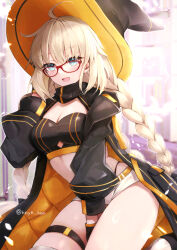 1girl absurdres aesc_(9th_anniversary)_(fate) aesc_(exhibition_attire)_(fate) aesc_(fate) aesc_(rain_witch)_(fate) black_coat black_gloves black_hat blonde_hair blue_eyes blush braid breasts coat crop_top fate/grand_order fate_(series) gloves hand_up hane_yuki hat highleg highleg_panties highres looking_at_viewer open_mouth panties red-framed_eyewear short_shorts shorts sidelocks smile solo thigh_strap thighs underwear white_shorts witch_hat