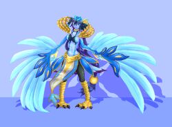 Rule 34 | 1girl, bird legs, blue background, blue eyes, blue feathers, blue skin, blue wings, breasts, choker, cleavage, colored skin, commentary request, duel monster, feathers, harpy, highres, large breasts, long hair, lyrilusc - ensemblue robin, monster girl, navel, pelvic curtain, pixel art, shadow, smile, solo, talons, twiin, very long hair, winged arms, wings, yu-gi-oh!
