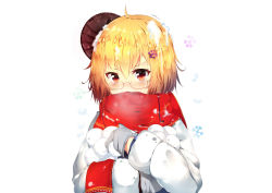 Rule 34 | 1girl, absurdres, ahoge, blonde hair, glasses, hair ornament, highres, huaimeng, long sleeves, looking at viewer, mittens, open mouth, original, red eyes, red scarf, scarf, short hair, snowball, snowflake hair ornament, snowflakes, solo, upper body