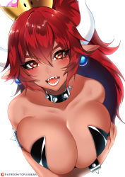 Rule 34 | 1girl, armlet, arms under breasts, artist name, bare shoulders, blush, bowsette, bracelet, breast hold, breasts, cleavage, collar, collarbone, commentary, crown, dark-skinned female, dark skin, earrings, forked eyebrows, hair between eyes, horns, jewelry, large breasts, lips, long hair, looking at viewer, mario (series), new super mario bros. u deluxe, nintendo, open mouth, pointy ears, ponytail, red eyes, red hair, sharp teeth, sidelocks, simple background, slit pupils, smile, solo, spiked armlet, spiked bracelet, spiked collar, spikes, super crown, teeth, thick eyebrows, tofuubear, upper body, white background