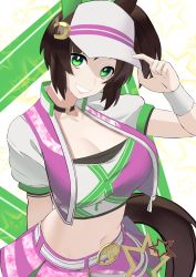 Rule 34 | 1girl, animal ears, arm behind back, belt buckle, breasts, brown hair, buckle, choker, cleavage, collarbone, cowboy shot, crop top, cropped jacket, ear covers, freckles, from above, green eyes, hat tip, highres, horse ears, horse girl, horse tail, ines fujin (umamusume), large breasts, looking at viewer, midriff, miniskirt, navel, pale skin, pleated skirt, reibun (raven1119), scoop neck, short sleeves, side ponytail, simple background, single ear cover, skirt, smile, solo, star (symbol), starry background, strapless, tail, tube top, umamusume, visor cap, wristband