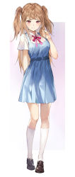 Rule 34 | aimee (emi), arm behind back, blue dress, blush, brown footwear, brown hair, closed mouth, collared shirt, commentary, dress, full body, gradient background, hand in own hair, has bad revision, has cropped revision, highres, kneehighs, loafers, long hair, looking at viewer, md5 mismatch, neck ribbon, original, pinafore dress, pink eyes, pink ribbon, resolution mismatch, ribbon, shirt, shoes, short sleeves, sleeveless, sleeveless dress, smile, socks, solo, source smaller, standing, straight hair, symbol-only commentary, two side up, white shirt, white socks